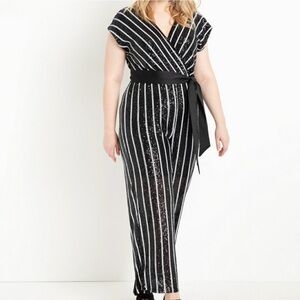 Plus Size Black & White Striped Sequin Jumpsuit with Sash